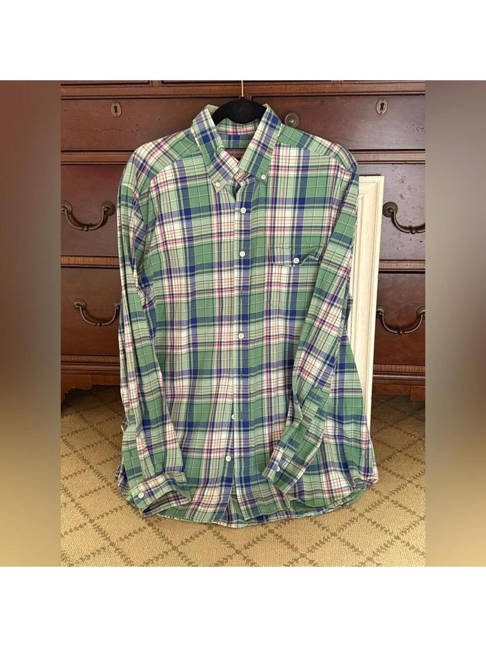 Vineyard Vines Crosby Shirt green, blue, white  plaid pattern w pink L